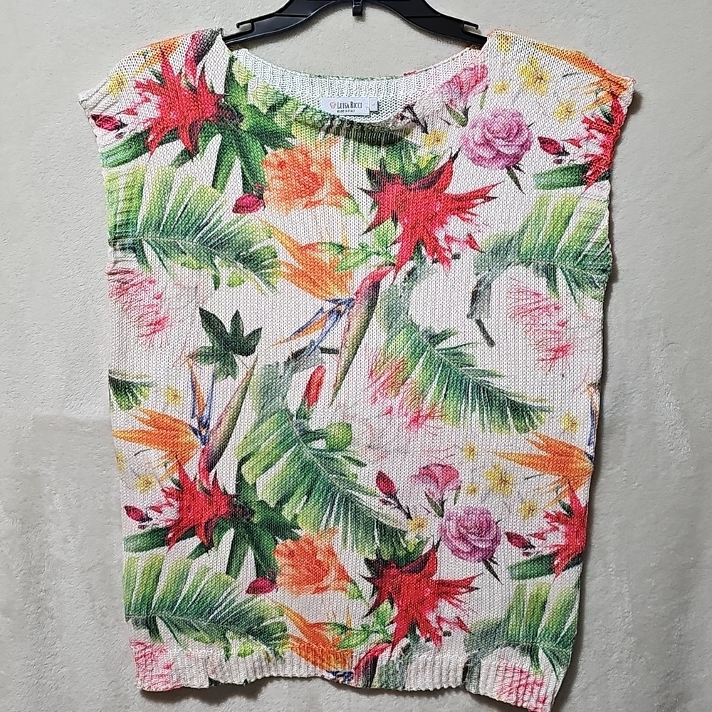 Luisa Ricci Floral Sweater Top Birds of Paradise Capped Sleeves Italy Tropical L - Picture 2 of 6